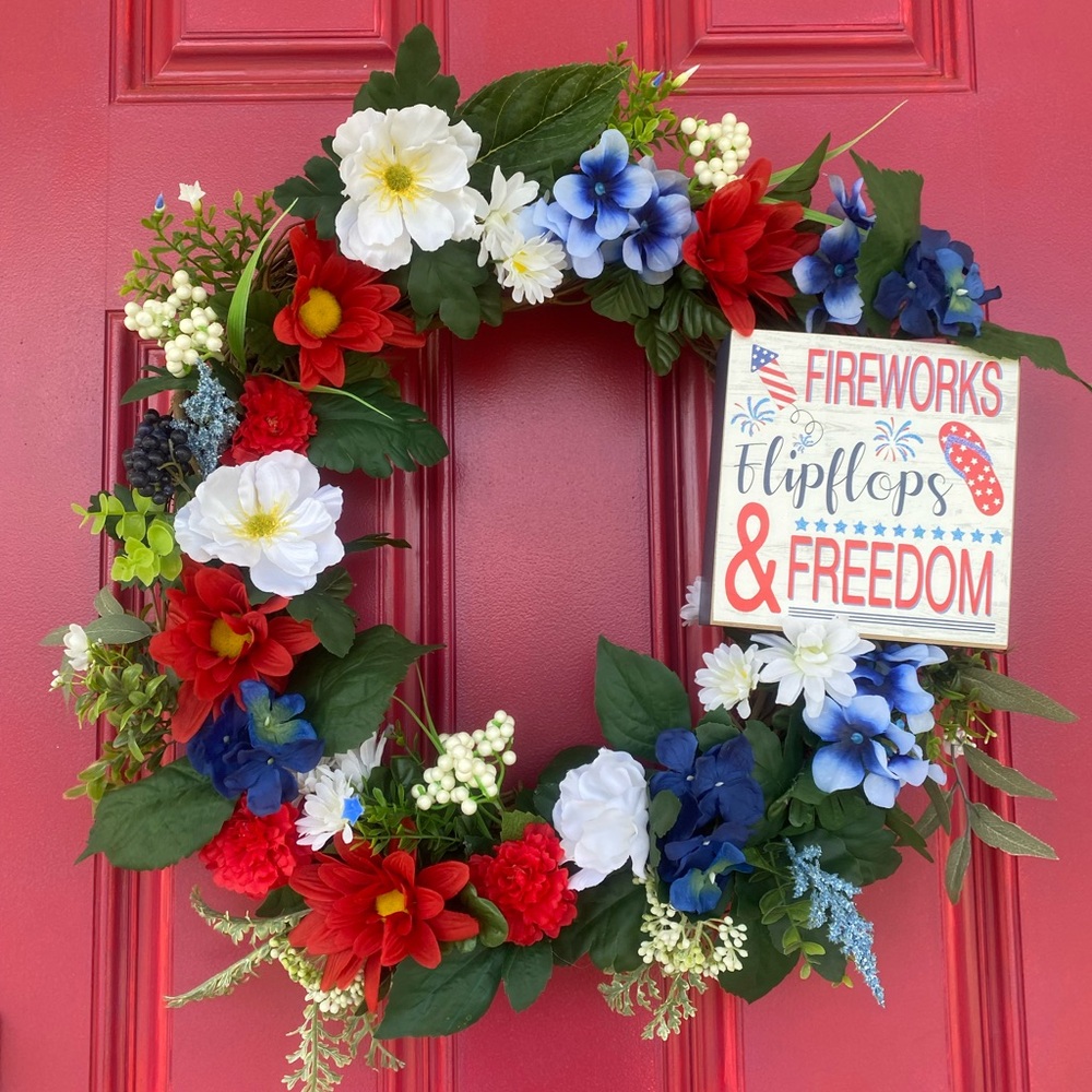 Handmade Americana USA Patriotic Festive Red, White, and Blue Holiday Wreath - Picture 3 of 5